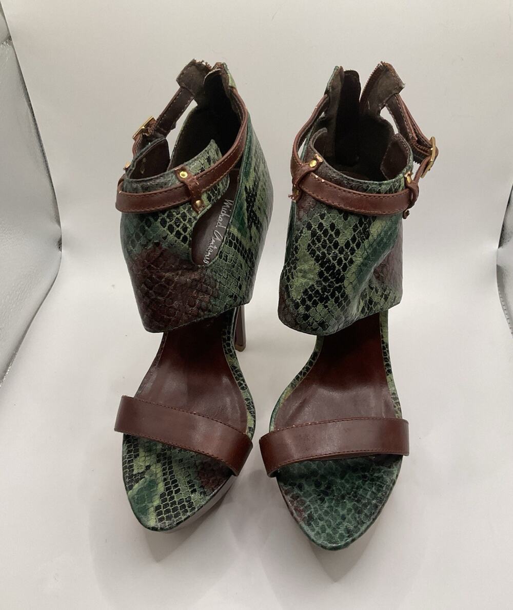 Michael Antonio Women’s Green/Brown Snakeskin Strappy Stiletto Heels, Zipper